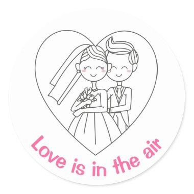 Love Pink And White Cartoon Bride & Groom Wedding Classic Round Sticker