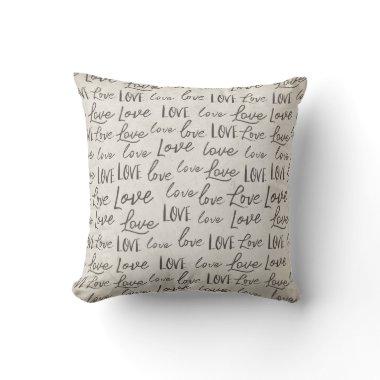 "Love" repeat Typography sepia, Calligraphy Script Throw Pillow