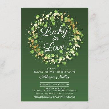 Lucky in Love Golden Shamrocks Bridal Shower Invitations