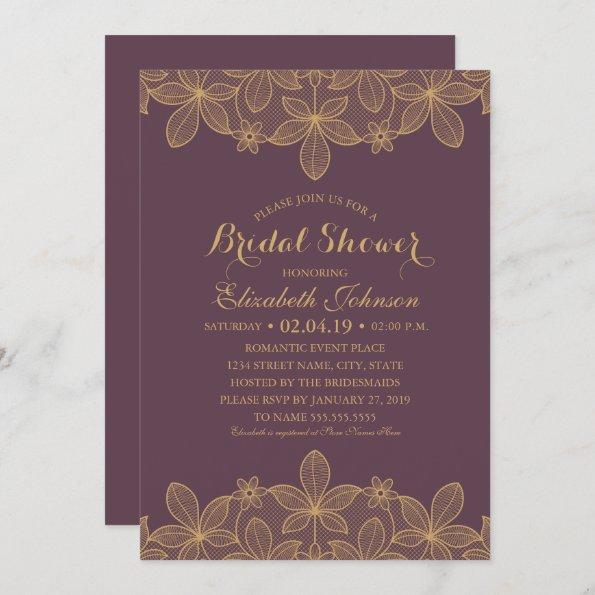 Luxury Elegant Gold Lace Plum Purple Bridal Shower Invitations