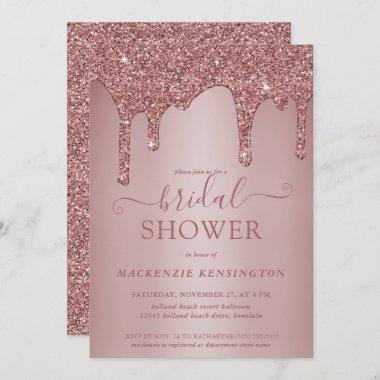 Luxury Glam Rose Gold Glitter Drips Bridal Shower Invitations