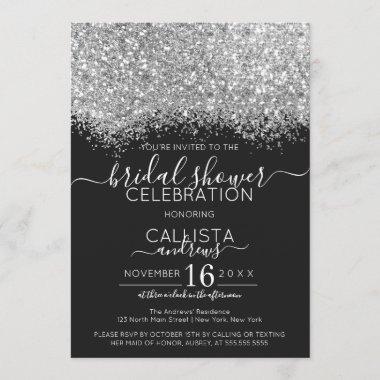 Luxury Silver Black Glitter Confetti Bridal Shower Invitations