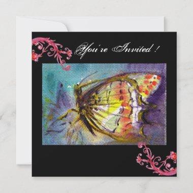 MAGIC BUTTERFLY WITH RED FLORAL SWIRLS ,black blue Invitations