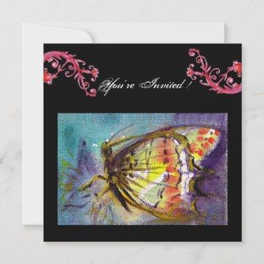 MAGIC BUTTERFLY WITH RED FLORAL SWIRLS ,black blue Invitations