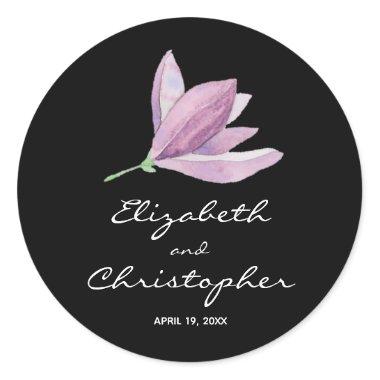 Magnolia Floral Wedding Favor on Black Classic Round Sticker