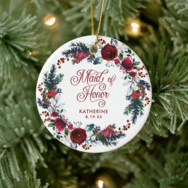 Maid Of Honor Christmas Floral Wreath Personalized Ceramic Ornament