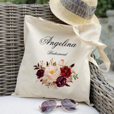 Marsala burgundy floral Bridesmaid Personalized Tote Bag
