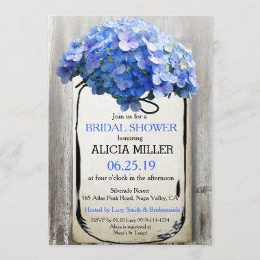 Mason Jar Barn Wood Blue Hydrangeas Bridal Shower Invitations