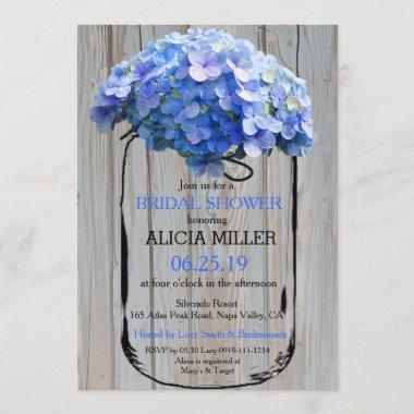 Mason Jar Barnwood Blue Hydrangeas Bridal Shower Invitations
