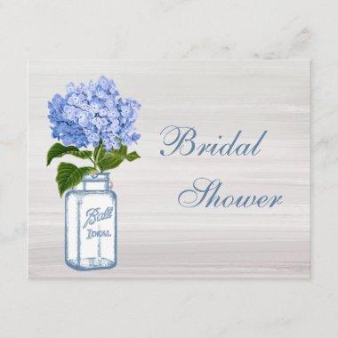 Mason Jar & Blue Hydrangea Grey Bridal Shower Invitations