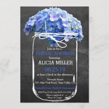 Mason Jar Chalkboard Blue Hydrangeas Bridal Shower Invitations