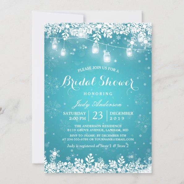 Mason Jar Lights Turquoise Winter Bridal Shower Invitations