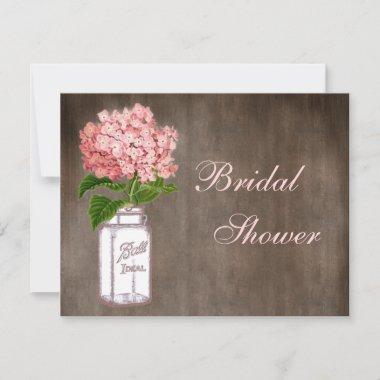 Mason Jar & Pink Hydrangea Rustic Bridal Shower Invitations