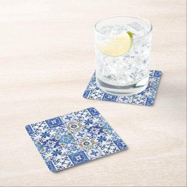 Mediterranean Moroccan Mosaic Tiles Blue Yellow Square Paper Coaster