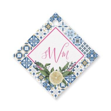 Mediterranean tile blue pink lemon citrus monogram favor tags
