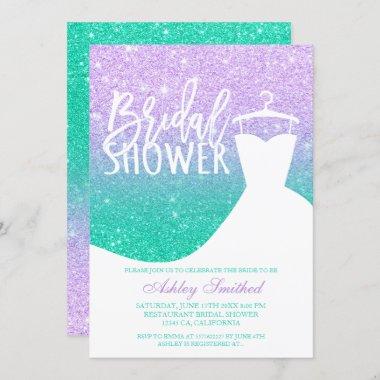 Mermaid glitter purple teal dress Bridal shower Invitations