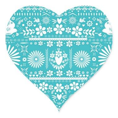 Mexican Picado Cut Turquoise Teal Wedding Marriage Heart Sticker