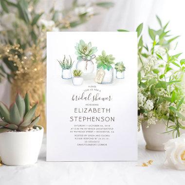 Mini Succulents Mason Jars Rustic Bridal Shower Invitations