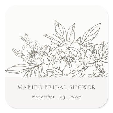 Minimal Elegant Brown Floral Sketch Bridal Shower Square Sticker