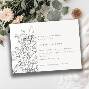Minimal Elegant Brown Floral Sketch Couples Shower Invitations
