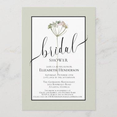 Minimal Floral Sage Green Script Bridal Shower Invitations
