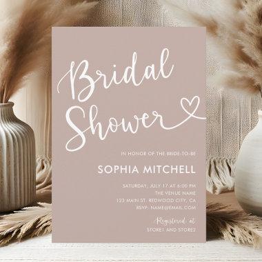 Minimal Heart Script Bridal Shower Boho Beige Invitations