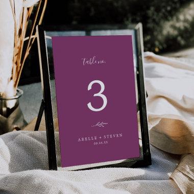Minimal Leaf | Berry Purple Wedding Table Number