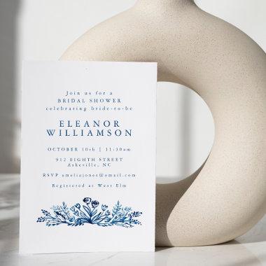 Minimalist Indigo Blue Ink Botanical Bridal Shower Invitations