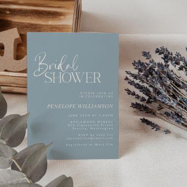 Minimalist Modern Script Dusty Blue Bridal Shower Invitations
