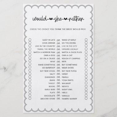 Minimalist would she rather bridal shower game fly flyer