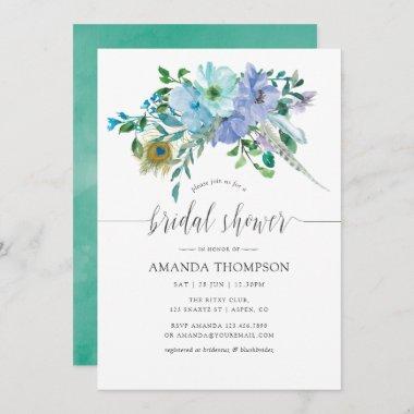 Mint and Blue Watercolor Boho Floral Bridal Shower Invitations