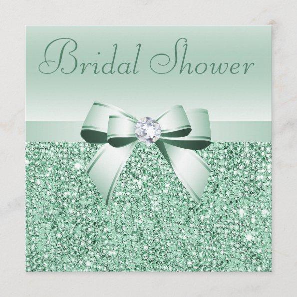 Mint Green Sequins, Bow & Diamond Bridal Shower Invitations