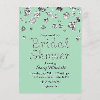 Mint Green Silver Glitter Bridal Shower Invitations