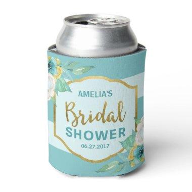 Mint Stripes and Faux Gold Floral Bridal Shower Can Cooler
