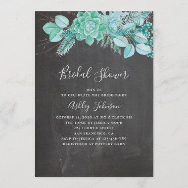 Mint succulents. Chalkboard cactus bridal shower Invitations