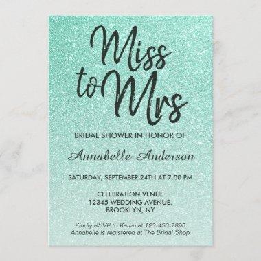 Miss to Mrs Mint Green Gold Glitter Bridal Shower Invitations