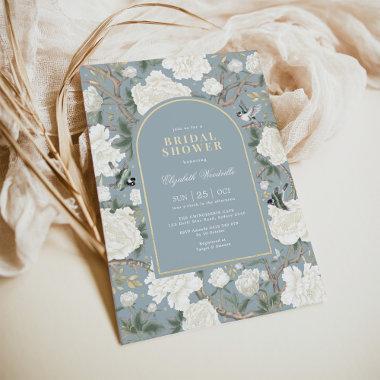 Misty Blue White Chinoiserie Floral Bridal Shower Invitations