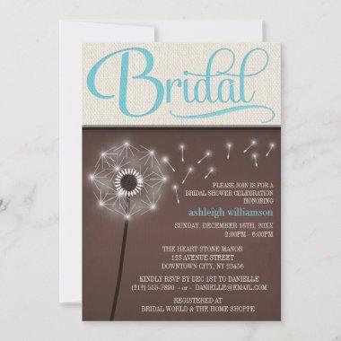 Mocha Rustic Linen Dandelion Bridal Shower Invitations