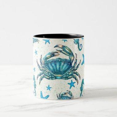 Modern Beach Blue Crab Starfish Seahorse Sparkle Two-Tone Coffee Mug