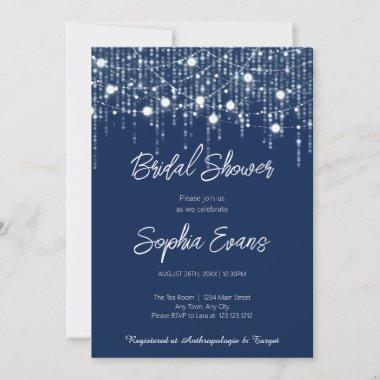 Modern Blue & White Hanging Lights Bridal Shower Invitations