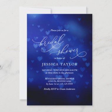 Modern Bridal Shower blue hearts Bokeh Invitations