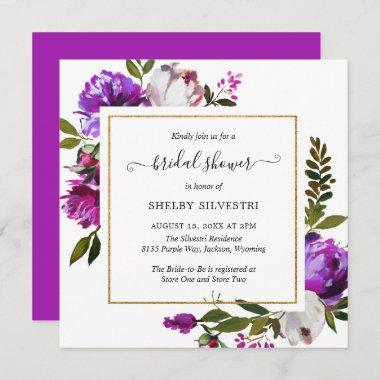 Modern Bright Purple Floral Elegant Bridal Shower Invitations