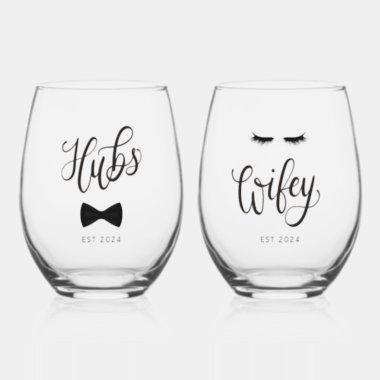 Modern Calligraphy Hubs Wifey Personalized Couple Stemless Wine Glass