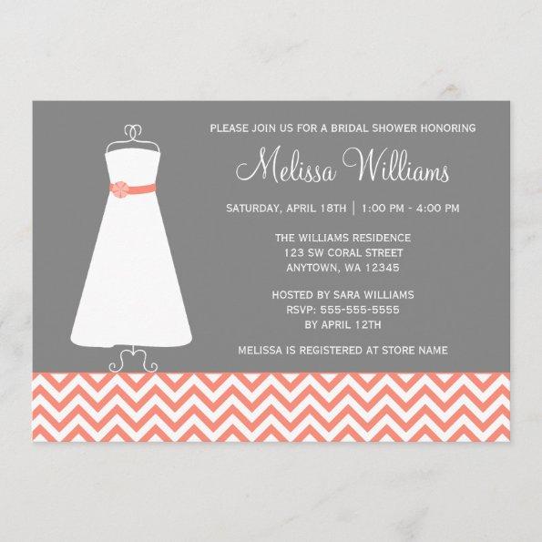 Modern Chevron Gown Coral Gray Bridal Shower Invitations