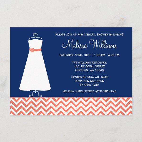 Modern Chevron Gown Coral Navy Blue Bridal Shower Invitations