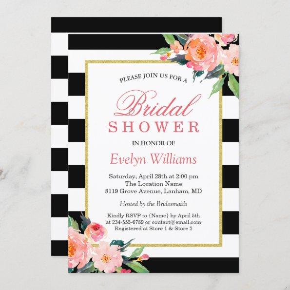 Modern Classic Black Stripes Floral Bridal Shower Invitations