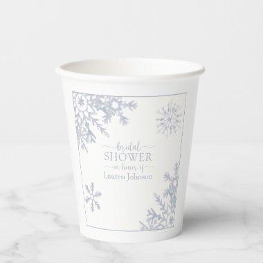 Modern Dusty Blue Snowflake Winter Bridal Shower Paper Cups