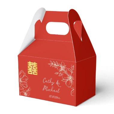 Modern elegant Chinese wedding floral script red Favor Boxes