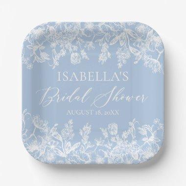 Modern Elegant Dusty Blue Wildflower Bridal Shower Paper Plates