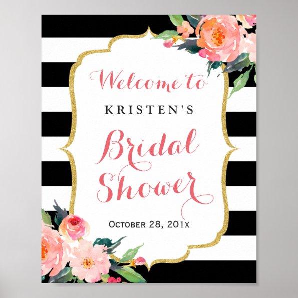 Modern Floral Black Stripes Bridal Shower Sign